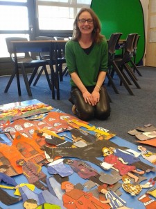 Anne McKay with artwork produced by P6 at Whinhill Primary School.